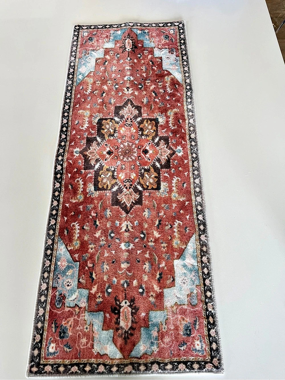 Red/Peach & Blue Geometric Runner Rug